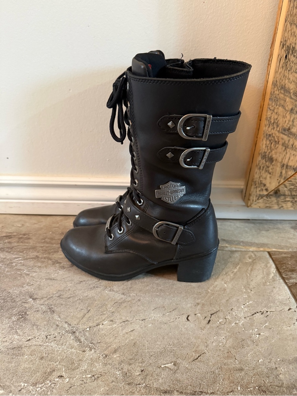 Harley-Davidson Black Lace-Up Mid-Calf Biker Boots with Buckles - Size 8 1/5M